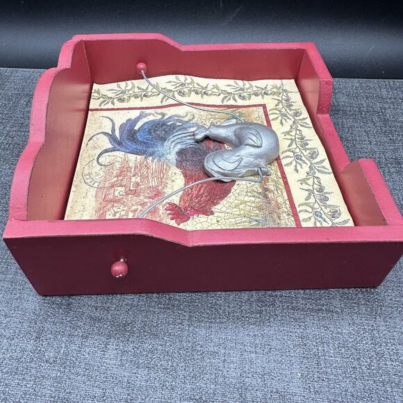 Vintage Wooden Red Napkin Holder w/ Metal Rooster Chicken Country Kitchen Rustic - Picture 11 of 12